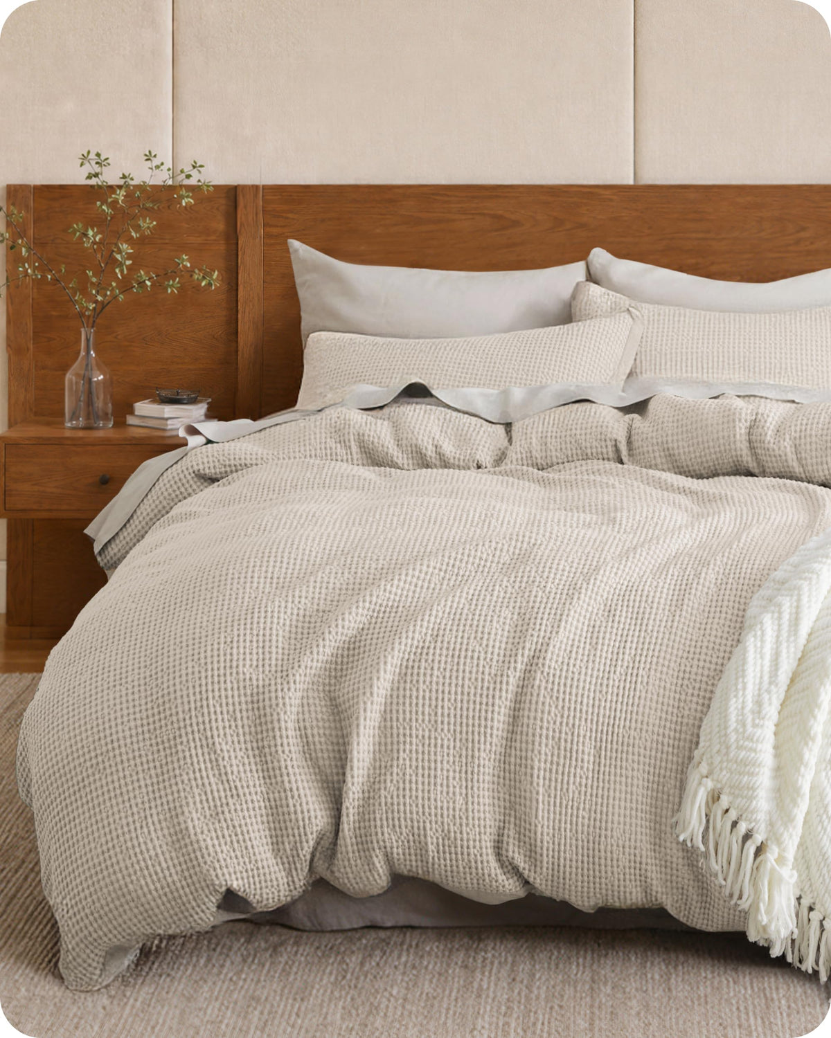 Bedsure PureWoven 3 Pieces 100% Cotton Waffle Duvet Cover Set, Queen, Linen