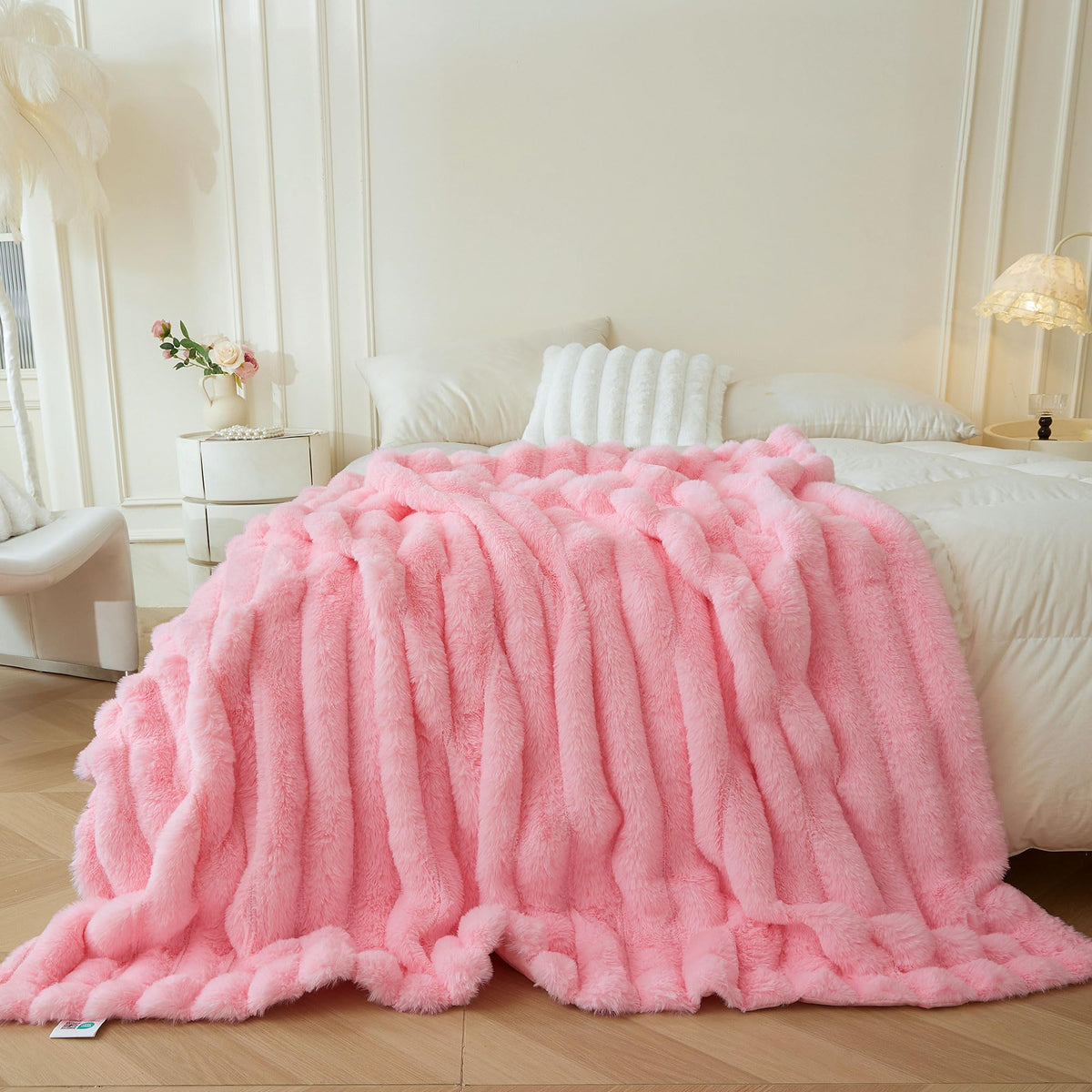 MEGO Fluffy Faux Rabbit Fur Ribbed Throw Blanket 50"x60", Rainbow