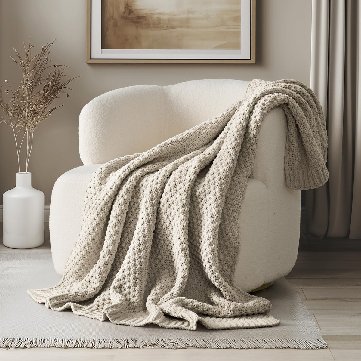 EVERGRACEHOME Chunky Chenille Knit Throw Blanket, 50 x 60, Olive Green