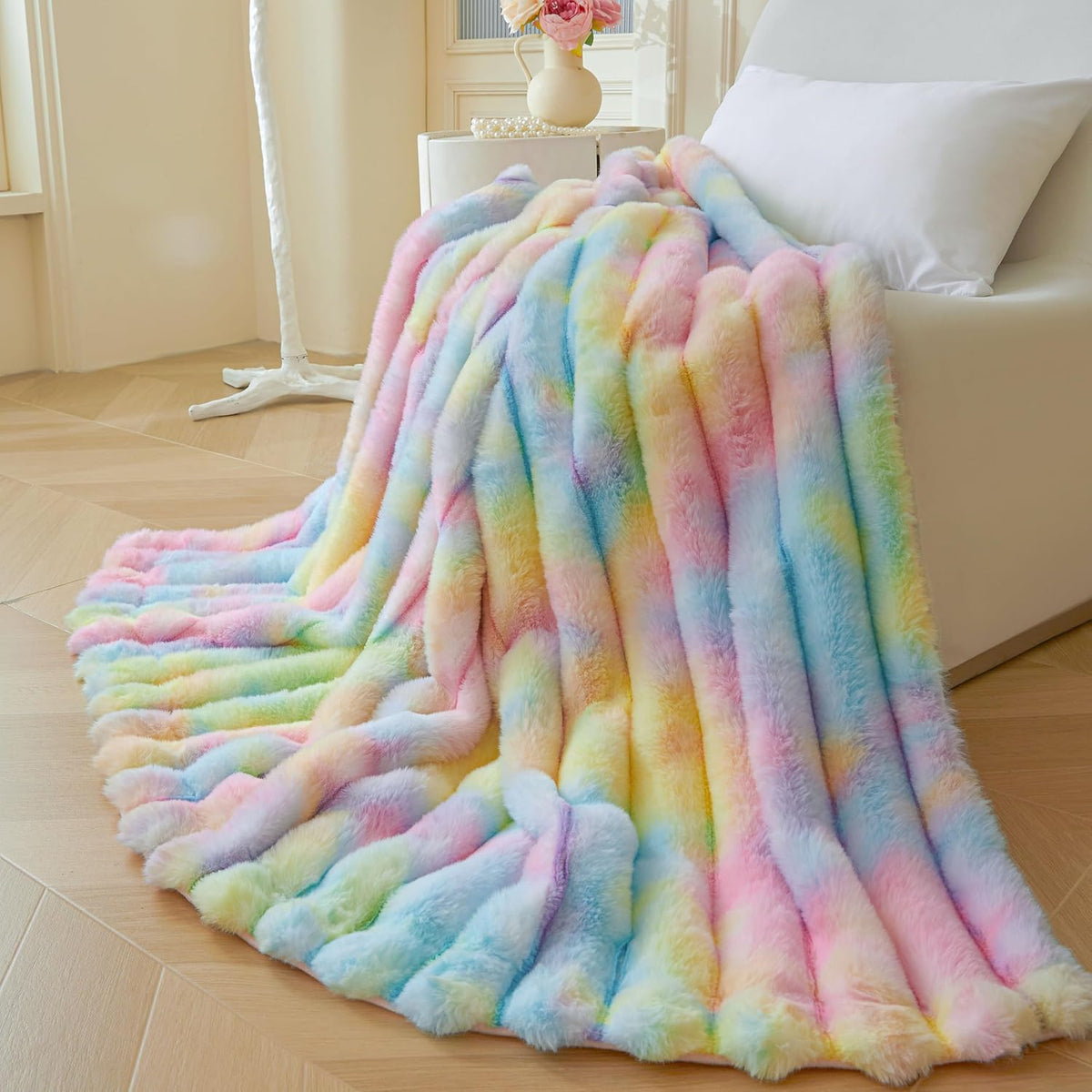 MEGO Fluffy Faux Rabbit Fur Ribbed Throw Blanket 50"x60", Rainbow