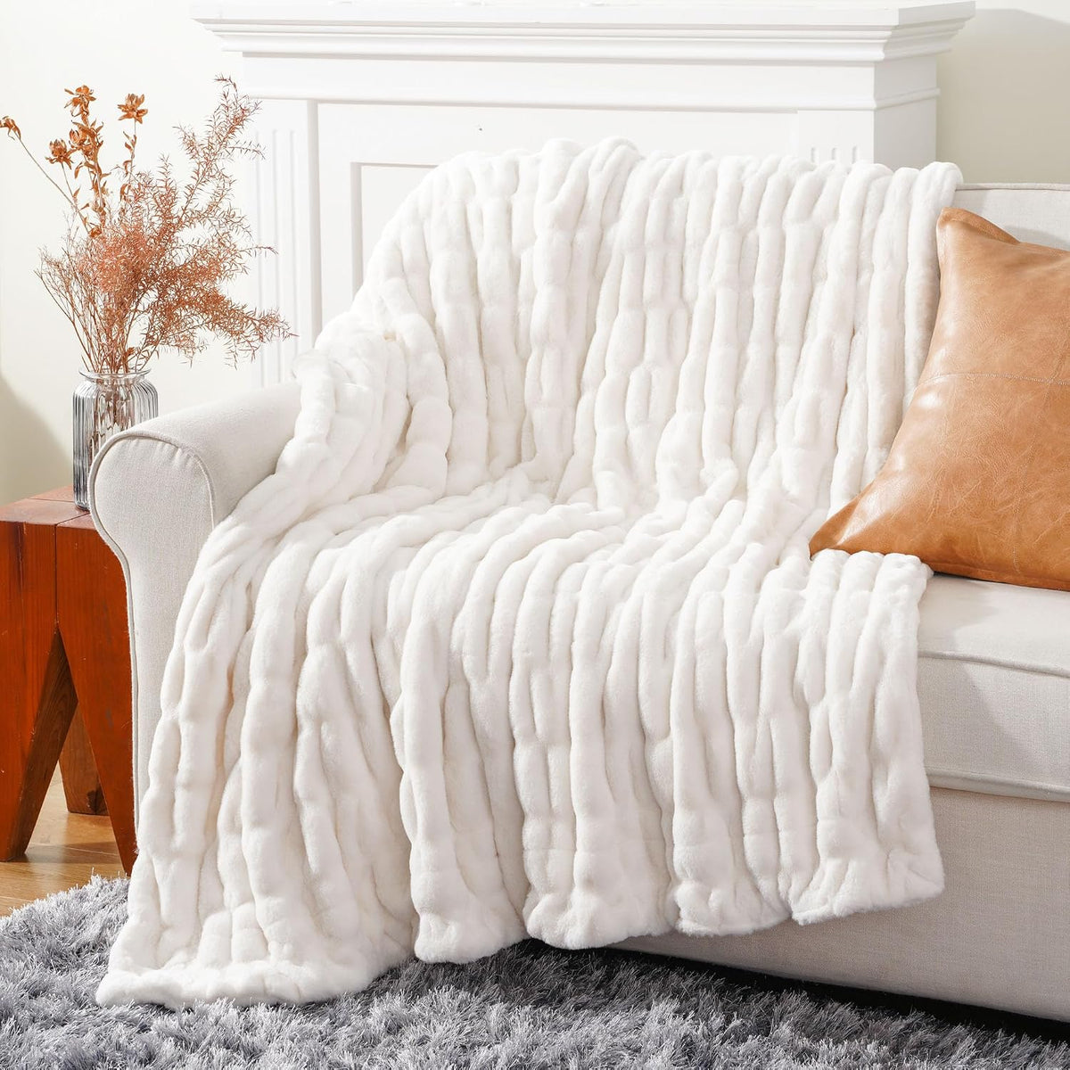 BATTILO Soft Ivory Faux Fur Throw Blanket for Couch, 50"x60", Double Side