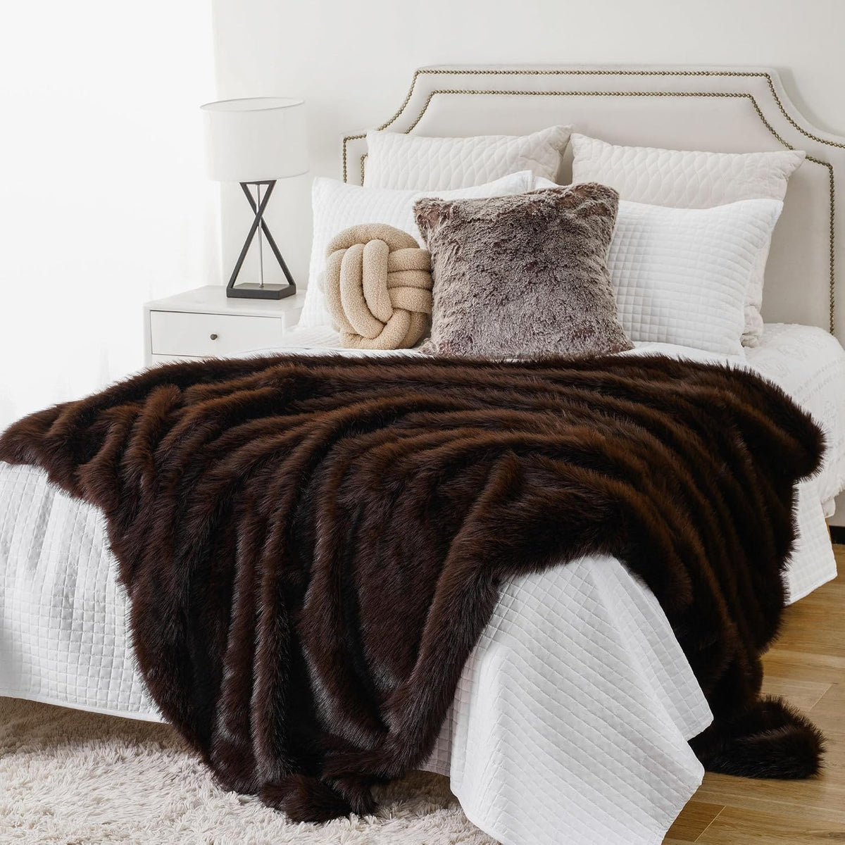 BATTILO HOME Faux Fur Throw Blanket, Luxury Fluffy Brown Blankets, 50"x60"