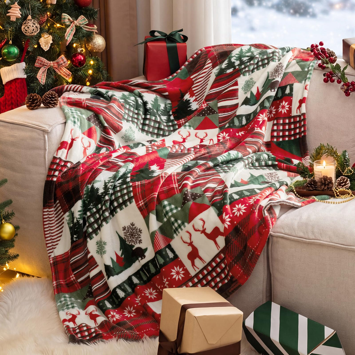 PHF Fleece Blanket Queen Size 90x90-300GSM Lightweight Airy Warmth, Khaki