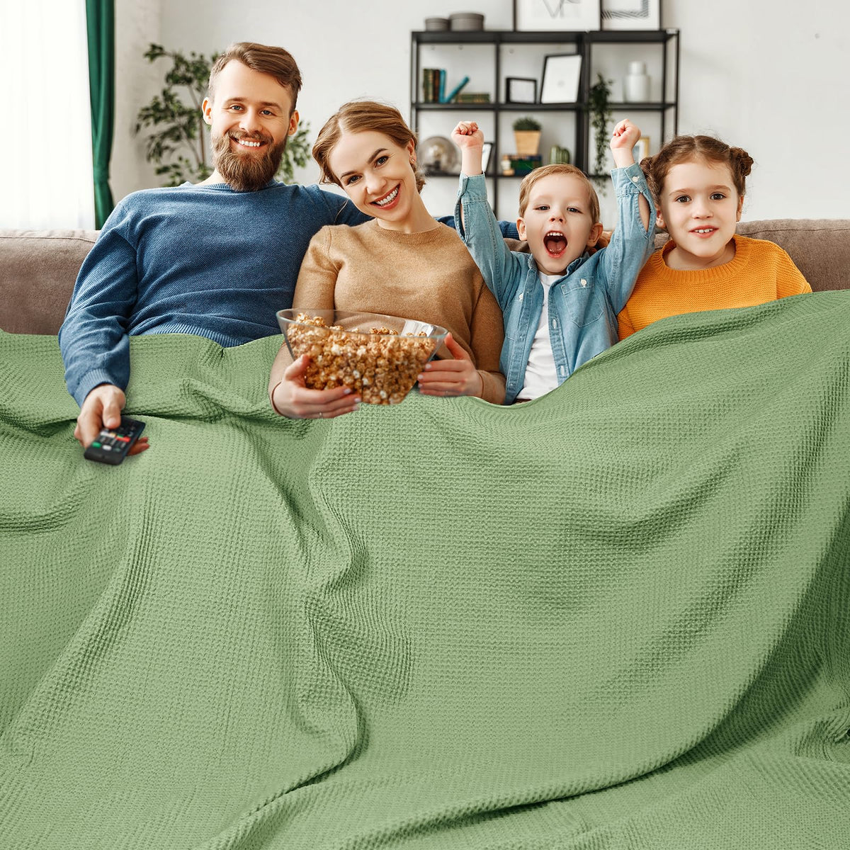 PHF 100% Cotton Waffle Blanket Lightweight Breathable, Queen Linen/Stone