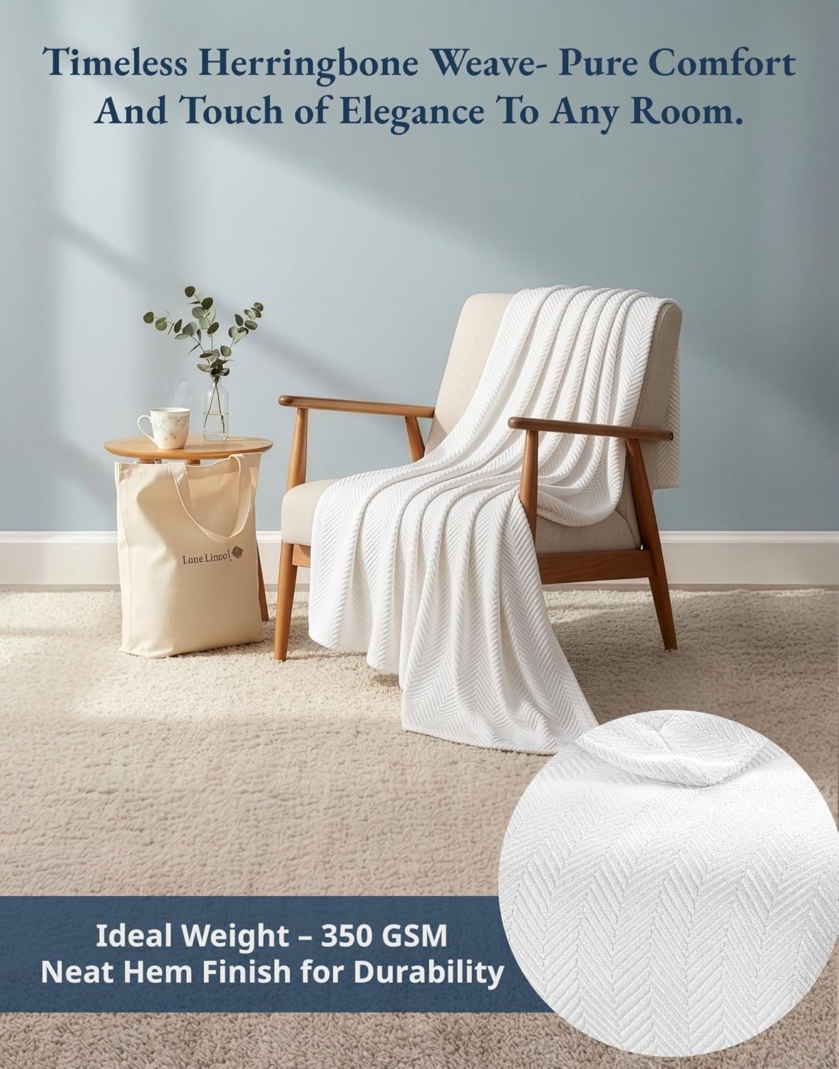 LANE LINEN Queen Size Blankets for Bed, 100% Cotton Herringbone Weave