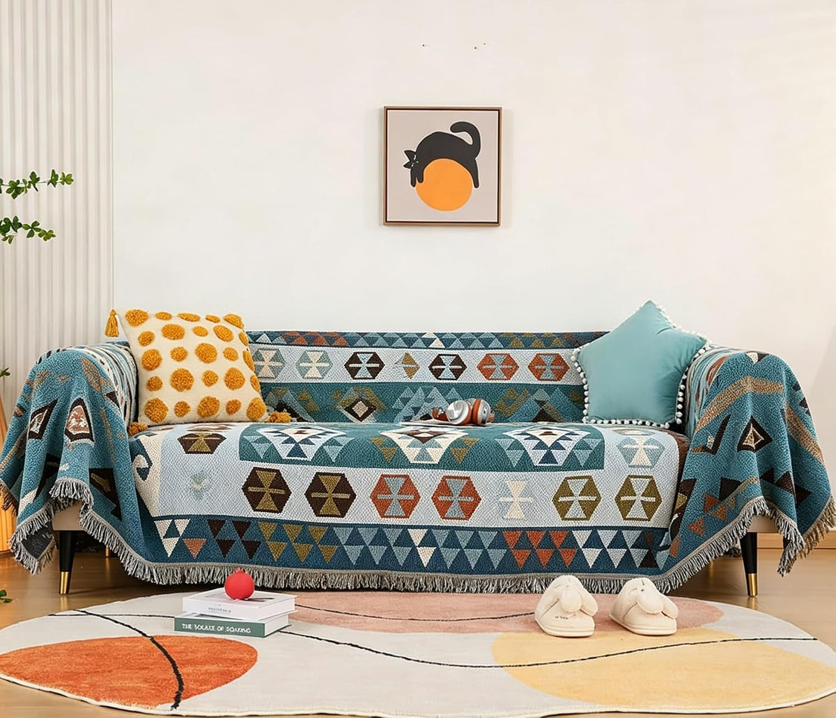 Luxlovery Aztec Sofa Throw Blankets Blue Ethnic Woven Boho Dusty Blue Color Bohemian Woven Throw Blanket for Couch Aztec Bed Throws Oversized Chair Sofa Cover with Tassels(63"x102")