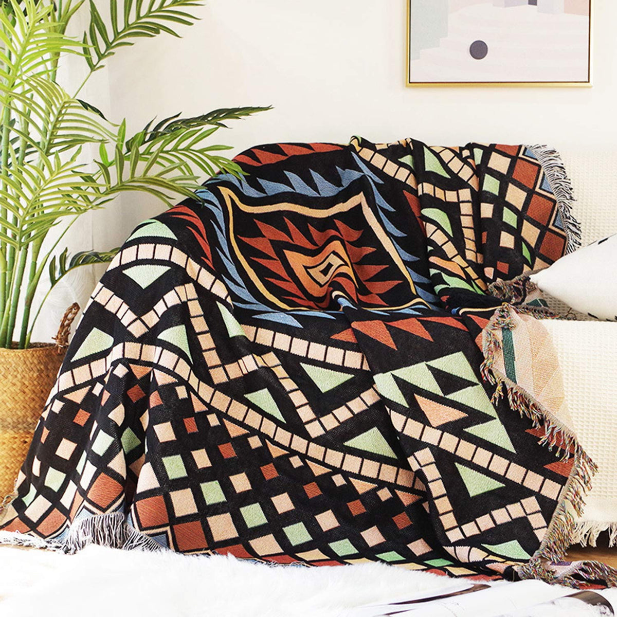 Luxlovery Aztec Sofa Throw Blankets Blue Ethnic Woven Boho Dusty Blue Color Bohemian Woven Throw Blanket for Couch Aztec Bed Throws Oversized Chair Sofa Cover with Tassels(63"x102")