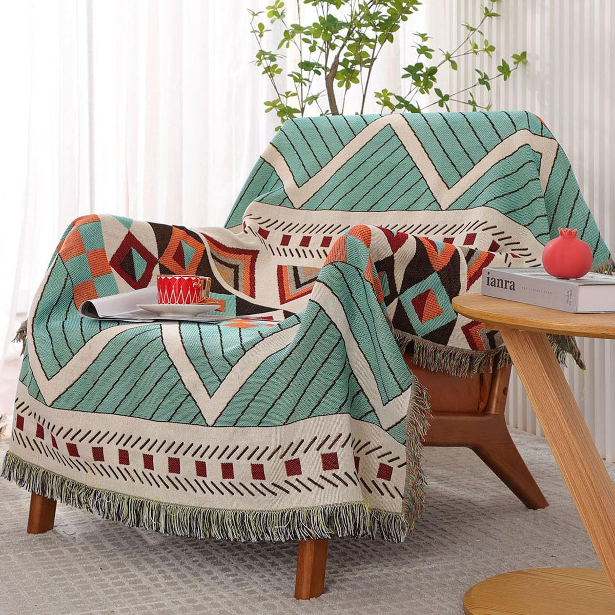 Luxlovery Aztec Sofa Throw Blankets Blue Ethnic Woven Boho Dusty Blue Color Bohemian Woven Throw Blanket for Couch Aztec Bed Throws Oversized Chair Sofa Cover with Tassels(63"x102")