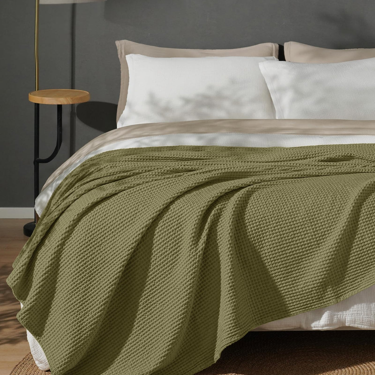 PHF 100% Cotton Waffle Blanket Lightweight Breathable, Queen Linen/Stone