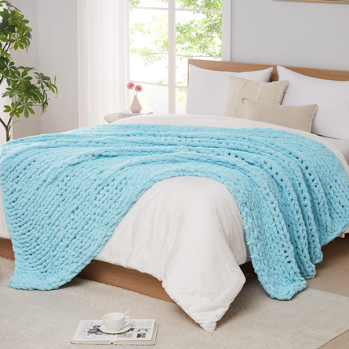 L'AGRATY Chunky Knit Throw Blanket for Couch, 50'' x 60'' Knit Throw, Ivory