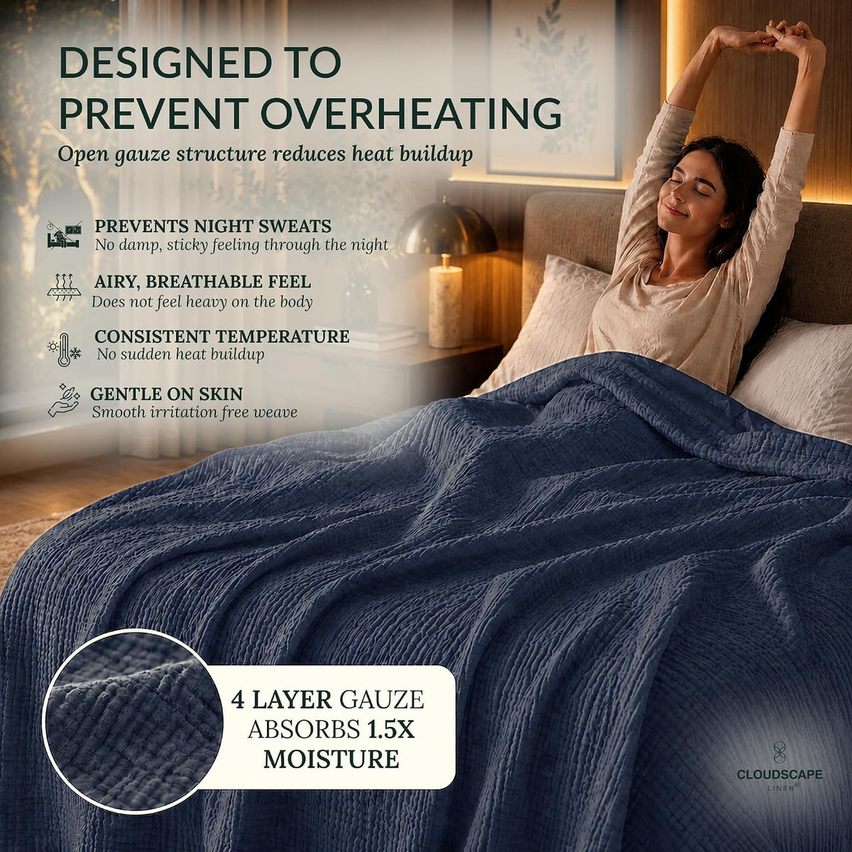 CLOUDSCAPE 4 Layer Muslin Blanket for Adults, 100% Cotton Blanket King Size, 92" x108'' Fits Up to Cal King, Ultra Soft Lightweight Bedding, Breathable Gauze Cotton Summer Blankets - Ensign Blue