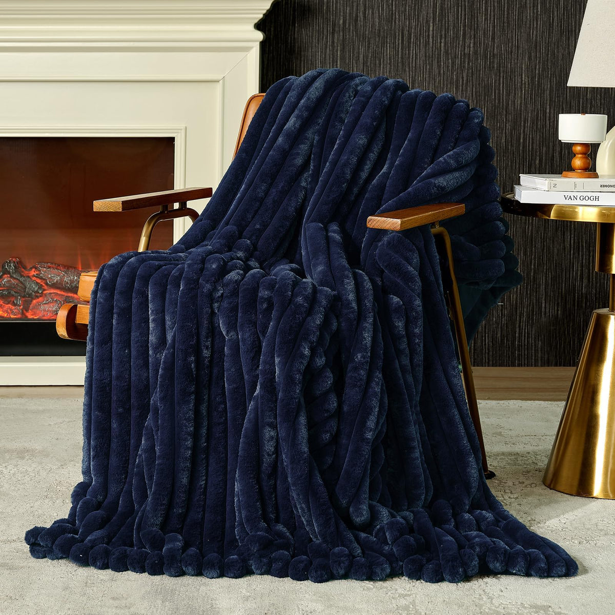 Amélie Home Soft Striped Faux Fur Throw Blanket for Couch, Ivory, 55"x70"