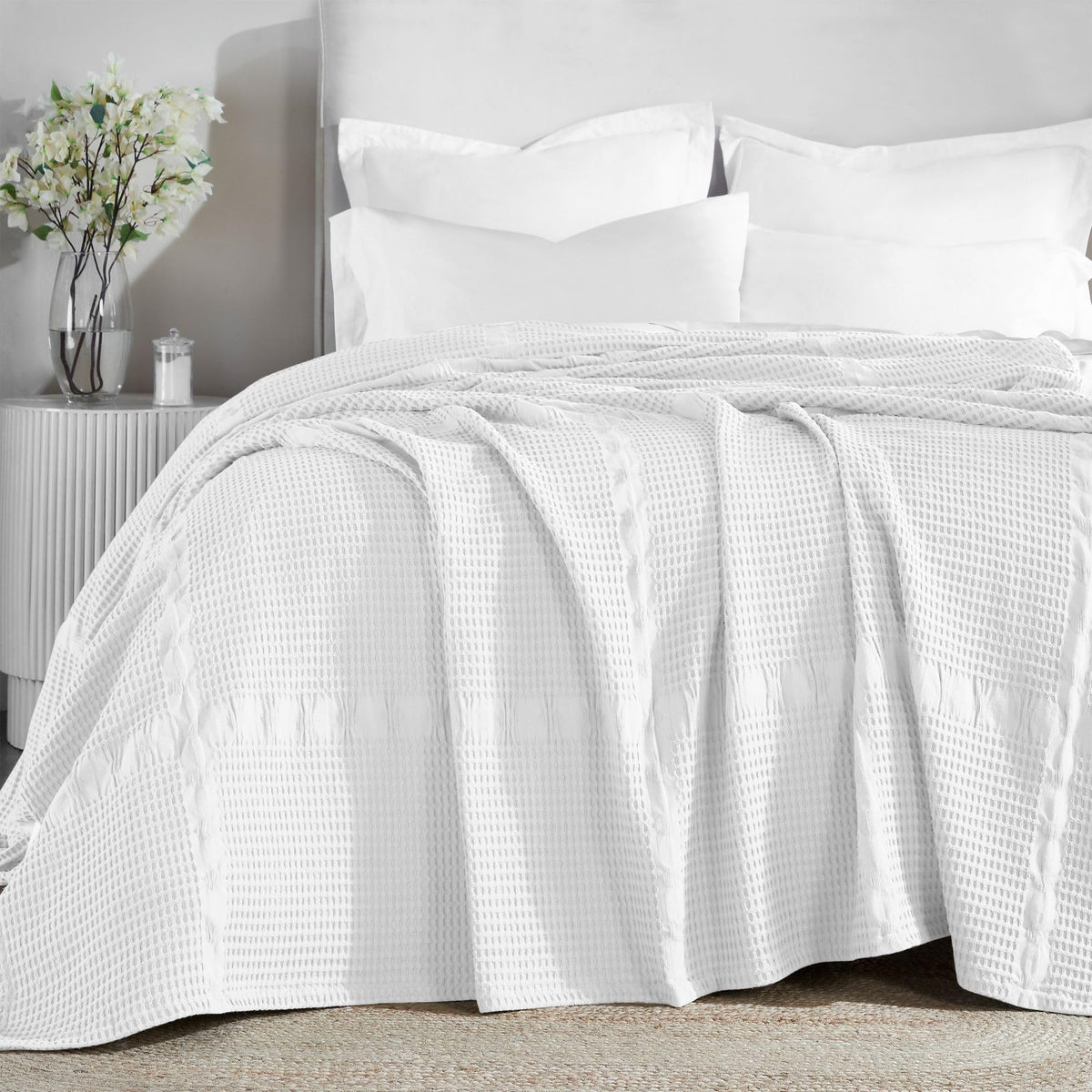 SUPERIOR Waffle Weave Cotton Blanket, Comfy Blanket for Bedroom Decor, Picnic, Beach, Traveling, Bedding Essentials, Bed Cover, Couch, Lounging, Geometric Design, Mai Collection, Twin, Light Blue