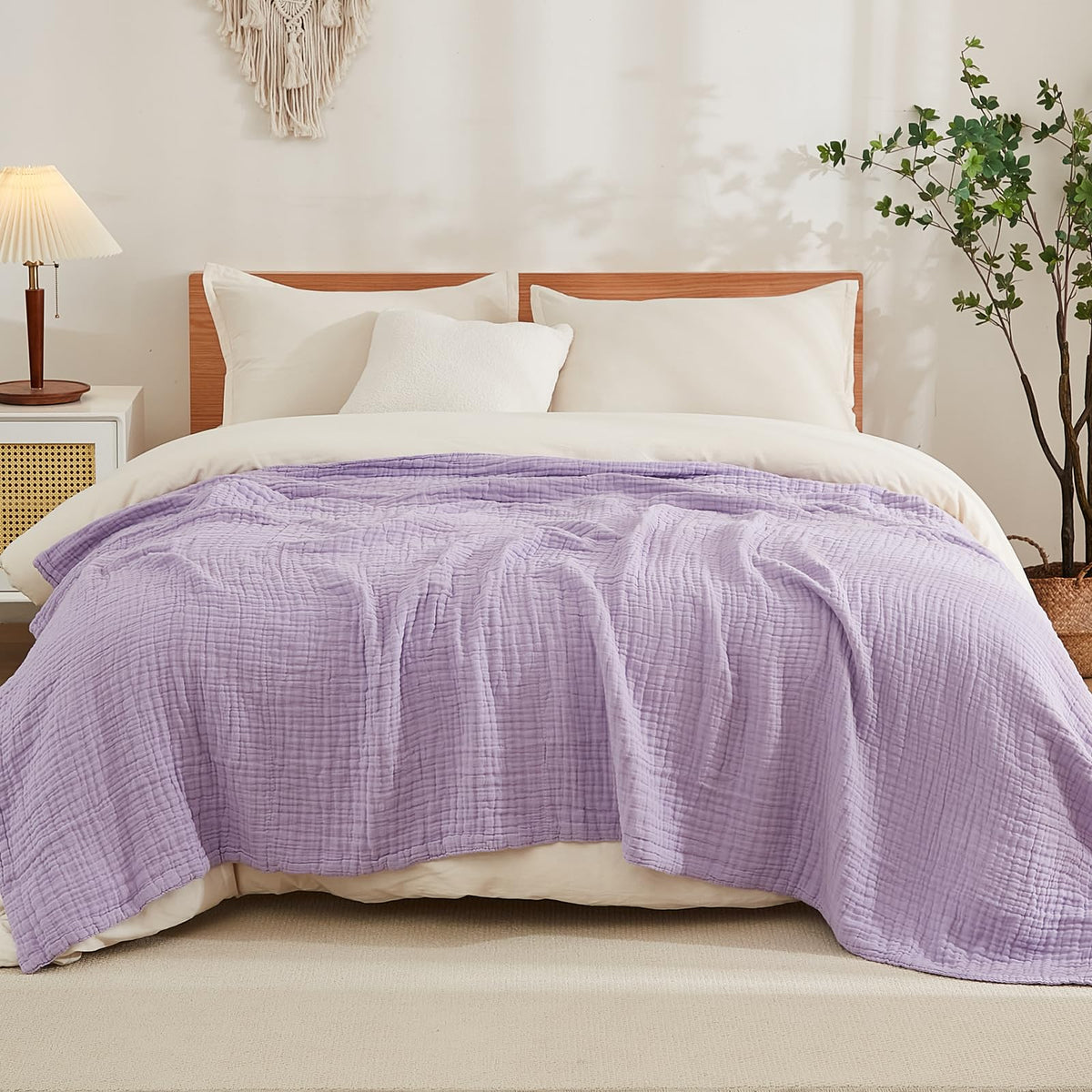 EMME Cotton Blanket King Size for Bed Soft Muslin Blankets 108"x90" Beige Lightweight Breathable Layering Bedspread Coverlet All Season Gauze