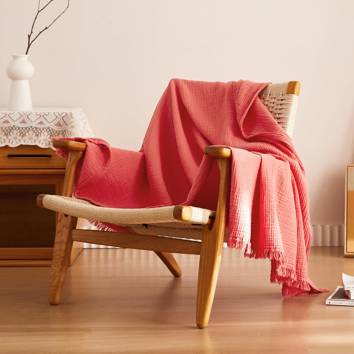 Simple&Opulence Cotton Muslin Throw Blanket 4 Layers for Bed, Couch, Woven Gauze Blanket with Tassels, Soft Lightweight Cozy Pre-Washed Breathable Farmhouse Decoration for All-Season(Light Khaki)