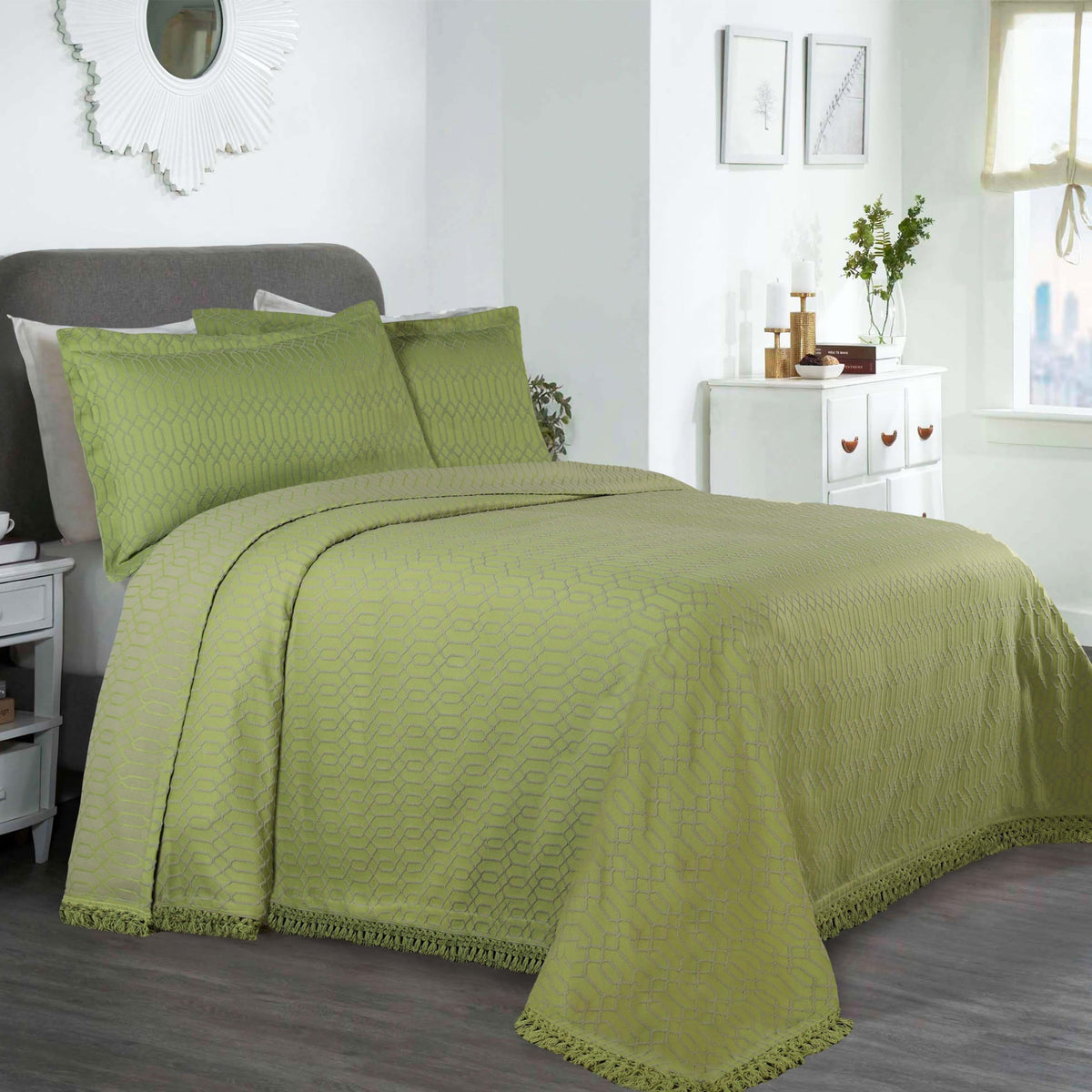 SUPERIOR Cotton 3-Piece Bedspread Set, 1 Medium Weight Bedspread, 2 Pillow Shams, Home Bed Decor, Warm Bedding, Matelasse Woven Oversized Blanket, Geometric Circles, Serenity Collection, King, Linen