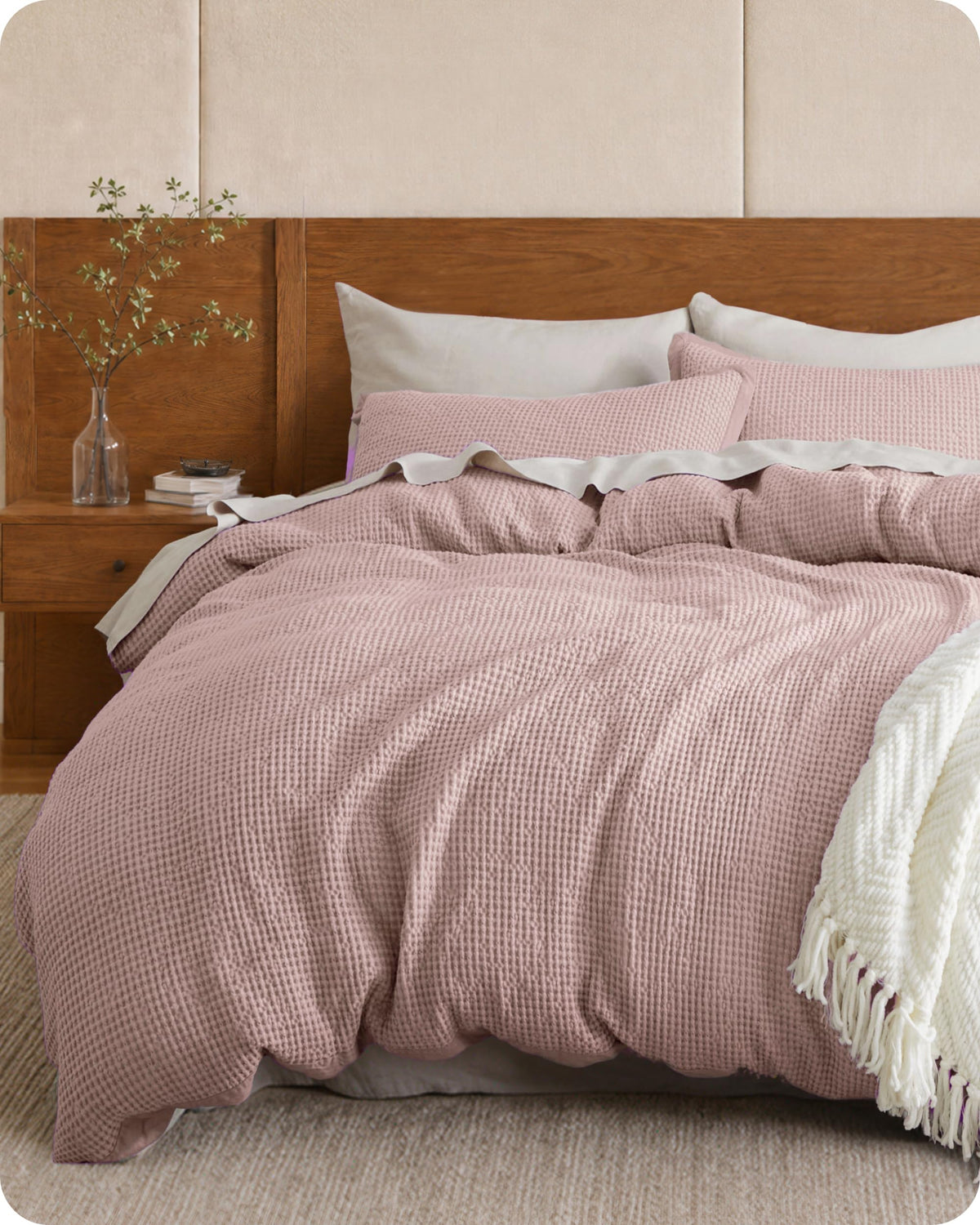 Bedsure PureWoven 3 Pieces 100% Cotton Waffle Duvet Cover Set, Queen, Linen