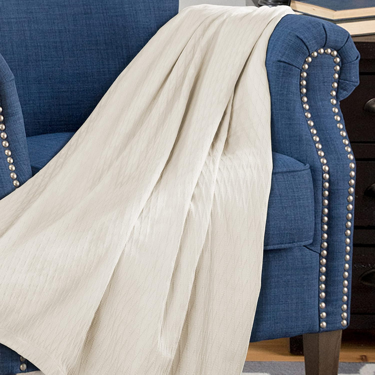 Superior Diamond Weave All-Season Cotton Blanket, Cover for Home, Couch, Bed, Soft, Warm Blankets, Boho Aesthetic, Comfy, Cozy, and Cute Covers, Decorative Bedding Essentials, Full/Queen, Ivory