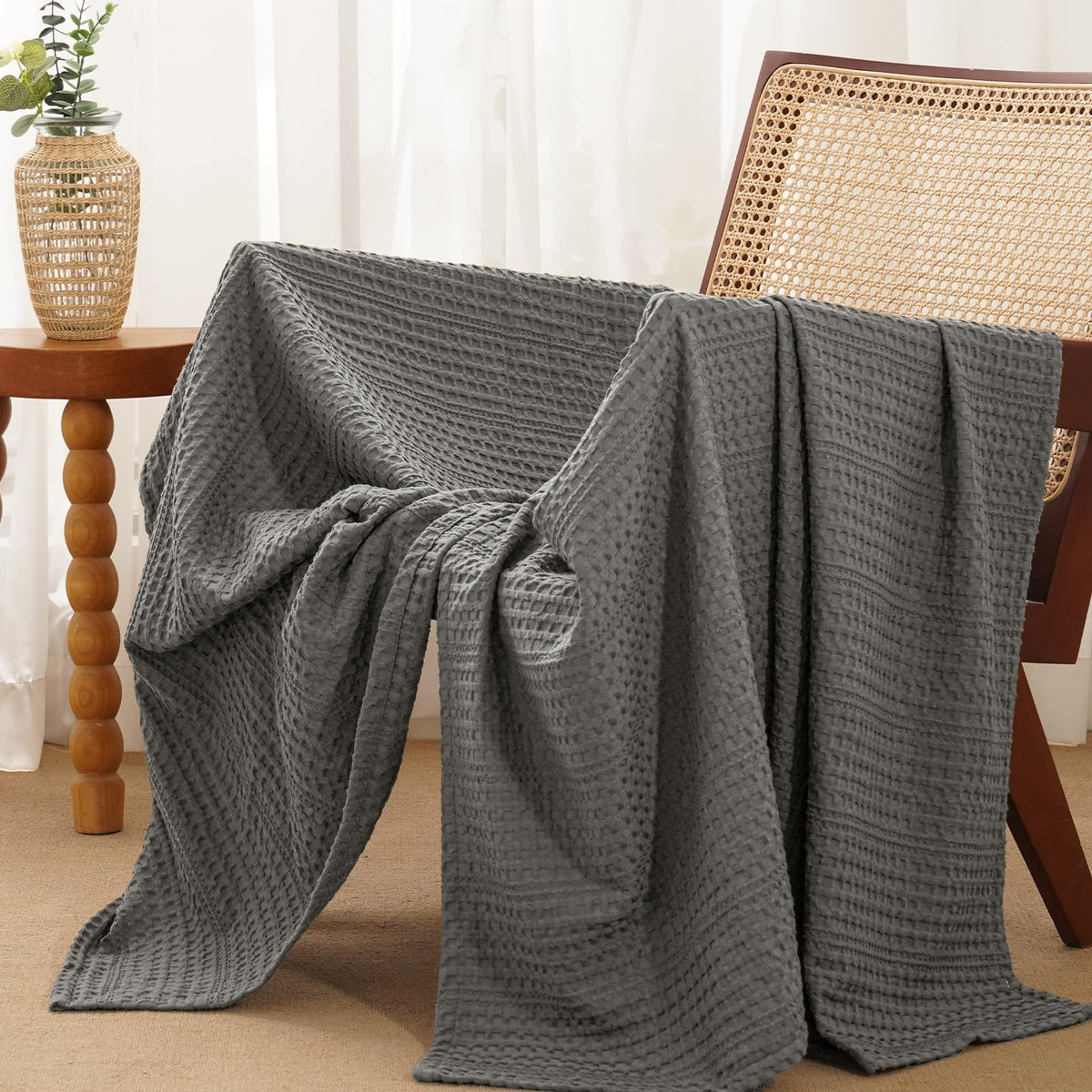 PHF Lightweight Waffle Weave Blanket Queen Size 90"x 90", Soft Woven All‑Season Blanket for Hot Sleepers - Aesthetic Home Decor for Couch Bed Sofa, Pet Friendly, Natural/Linen
