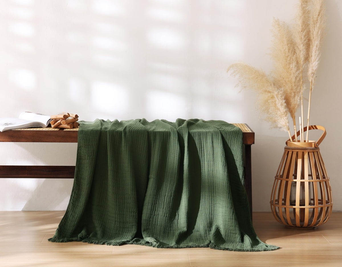 100% Cotton Muslin Throw Blanket for Bed, Couch, Small, Decorative, Soft, Pre-Washed, Breathable and Lightweight Gauze Blanket with Fringes(Linen Grey, 50"x60")