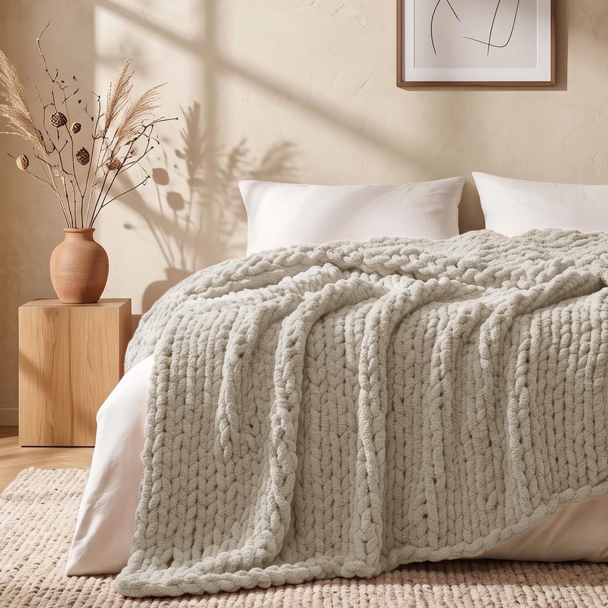 L'AGRATY Chunky Knit Throw Blanket for Couch, 50'' x 60'' Knit Throw, Ivory