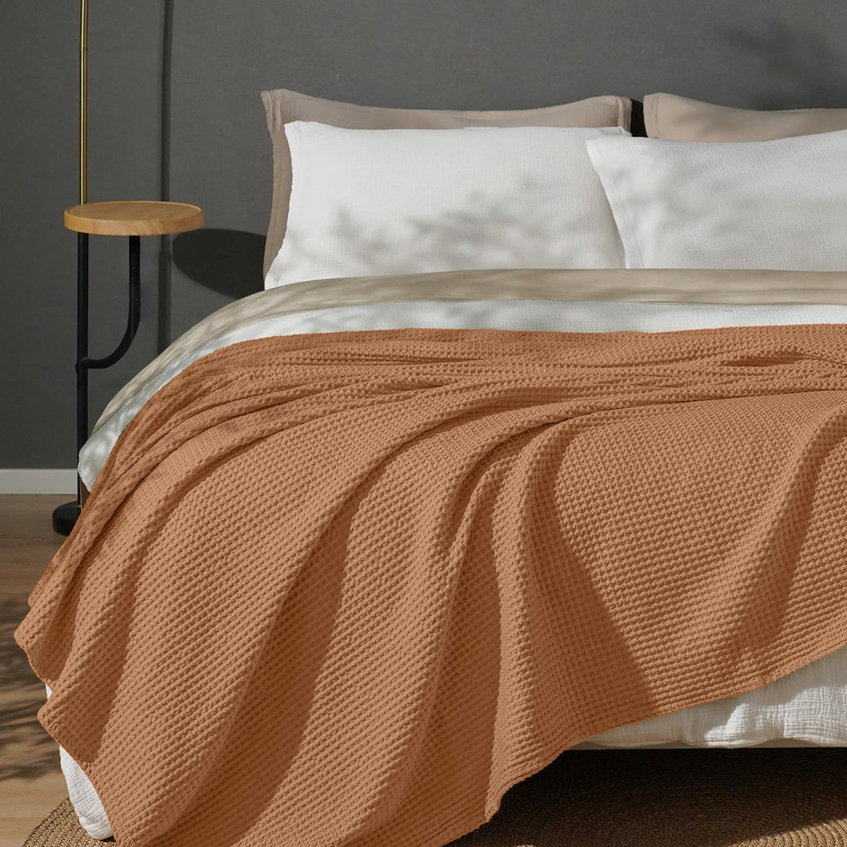 PHF 100% Cotton Waffle Blanket Lightweight Breathable, Queen Linen/Stone