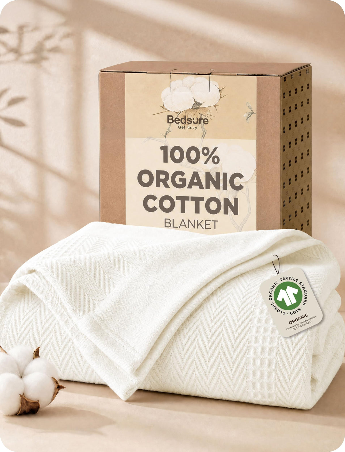 Bedsure PureWoven 100% Organic Cotton Waffle Luxury Blanket, King, White