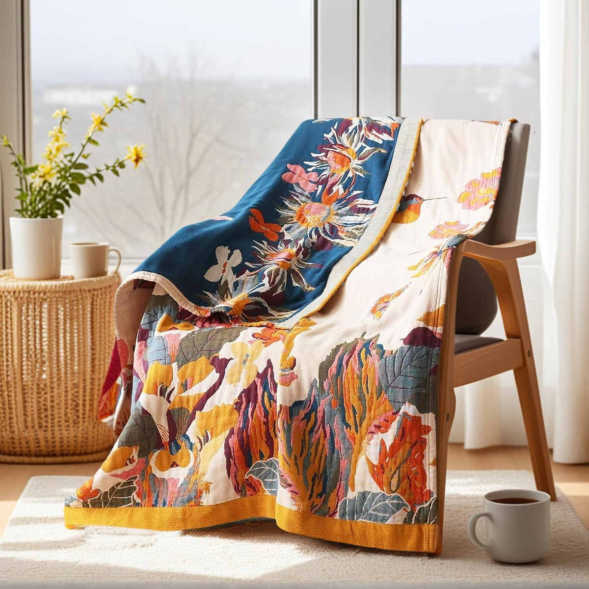 VANJOROY Boho Throw Blanket, 100% Organic Cotton 50x60 for Couch Bed, Beige