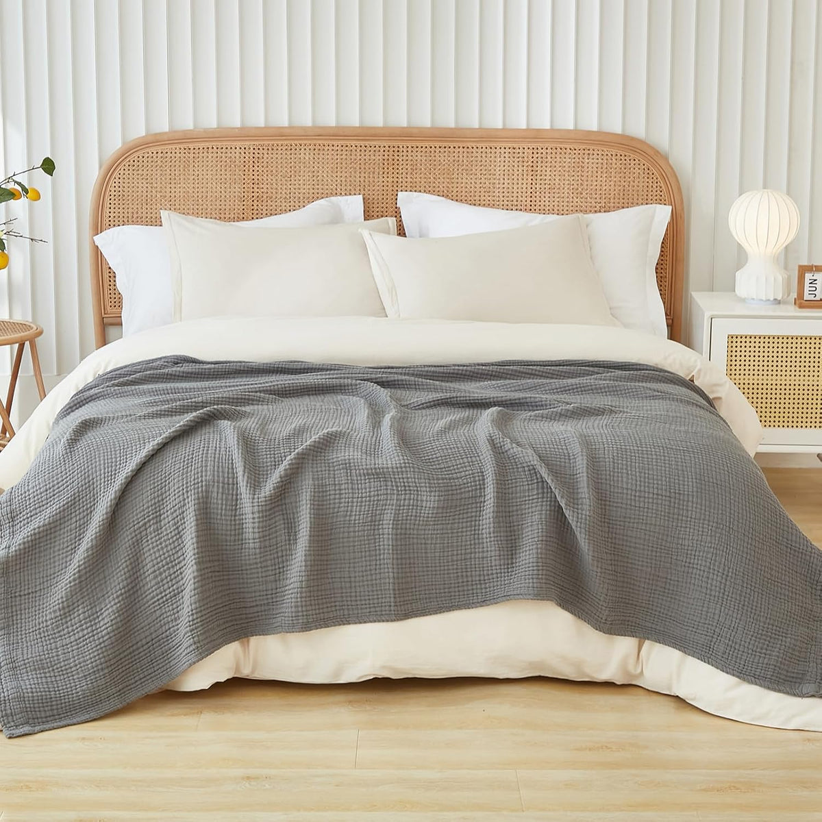 EMME Cotton Blanket King Size for Bed Soft Muslin Blankets 108"x90" Beige Lightweight Breathable Layering Bedspread Coverlet All Season Gauze