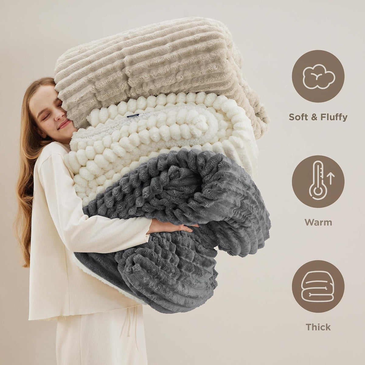 Bedsure Soft Sherpa Blanket Fluffy Throw Gift Beige 50"x60"
