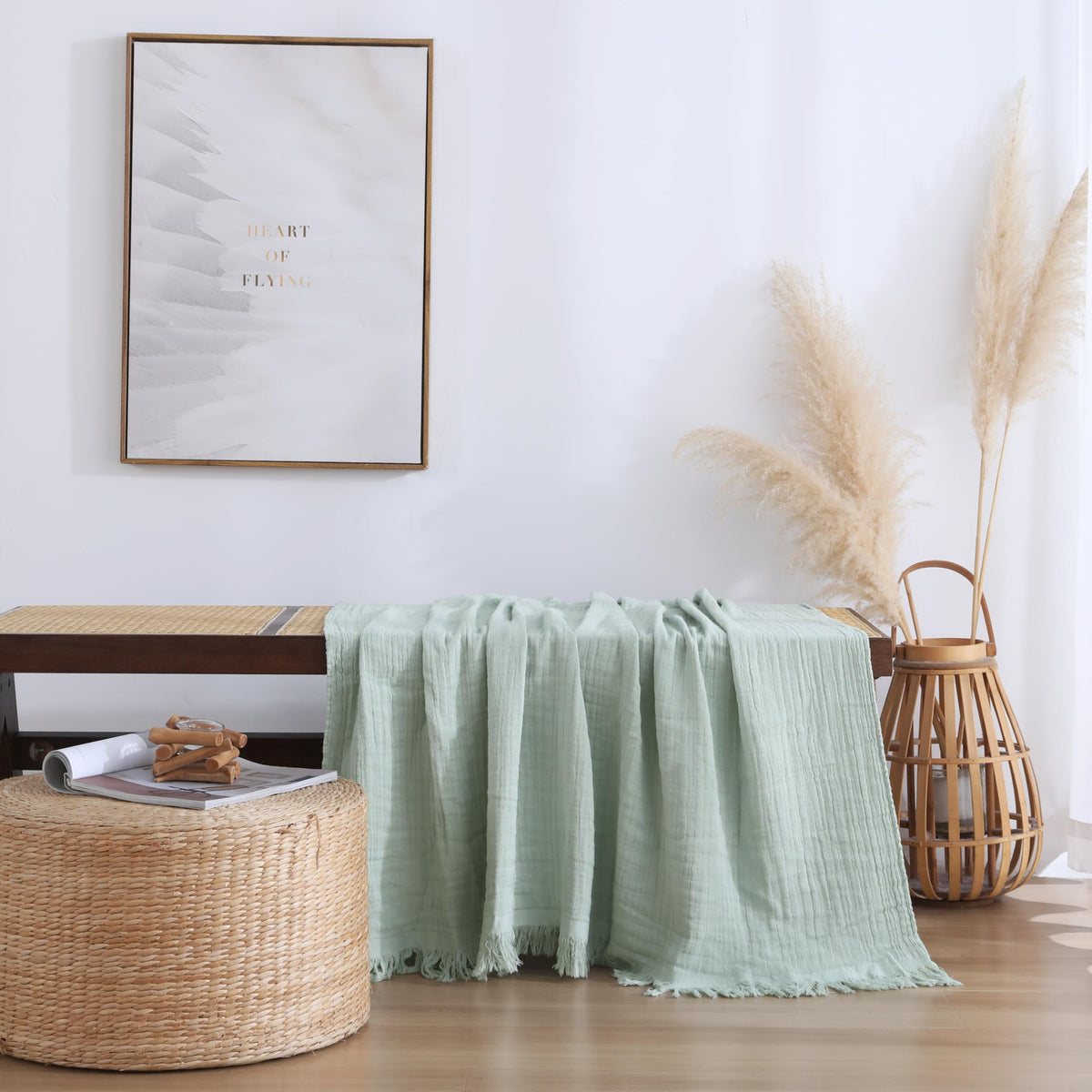 100% Cotton Muslin Throw Blanket for Bed, Couch, Small, Decorative, Soft, Pre-Washed, Breathable and Lightweight Gauze Blanket with Fringes(Linen Grey, 50"x60")