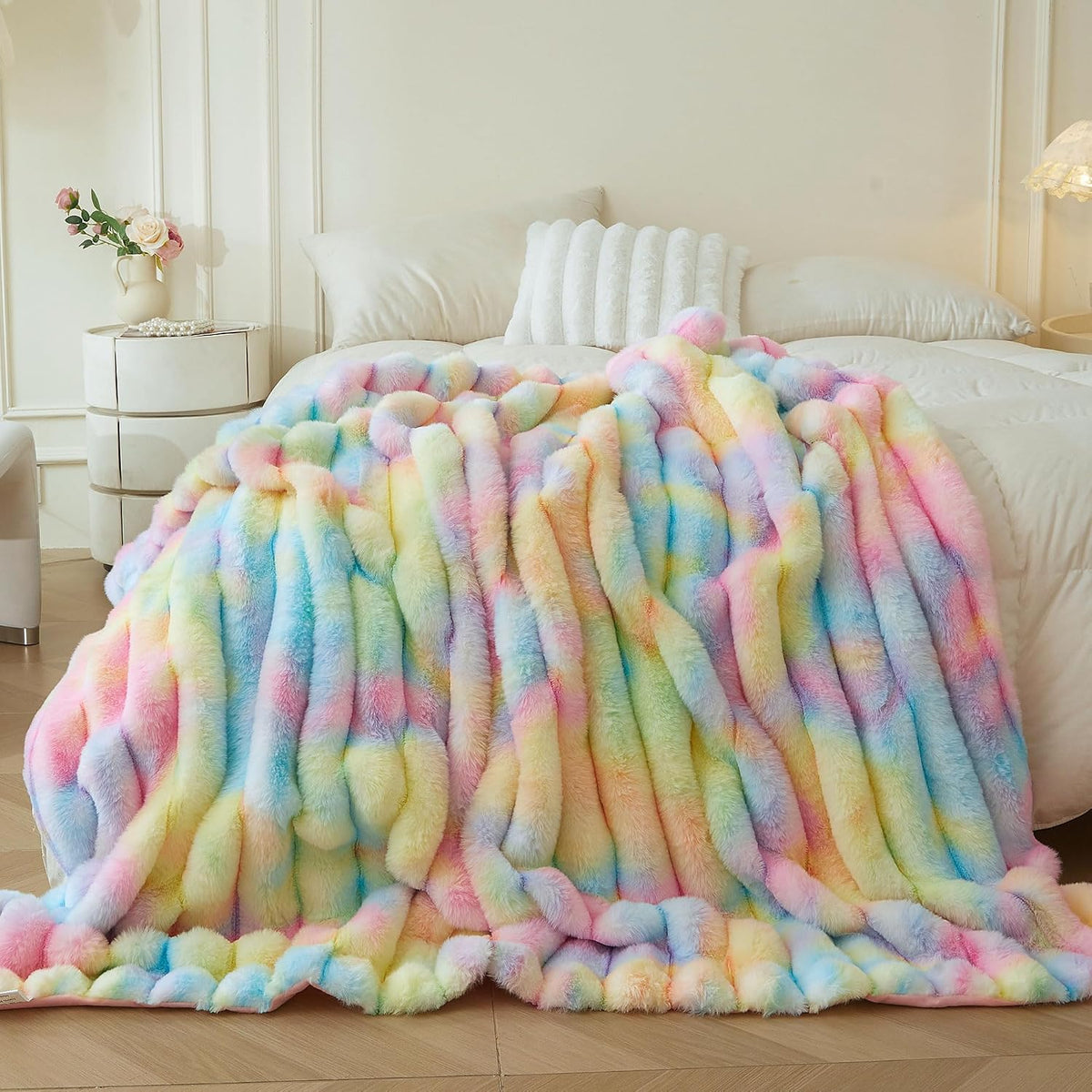 MEGO Fluffy Faux Rabbit Fur Ribbed Throw Blanket 50"x60", Rainbow