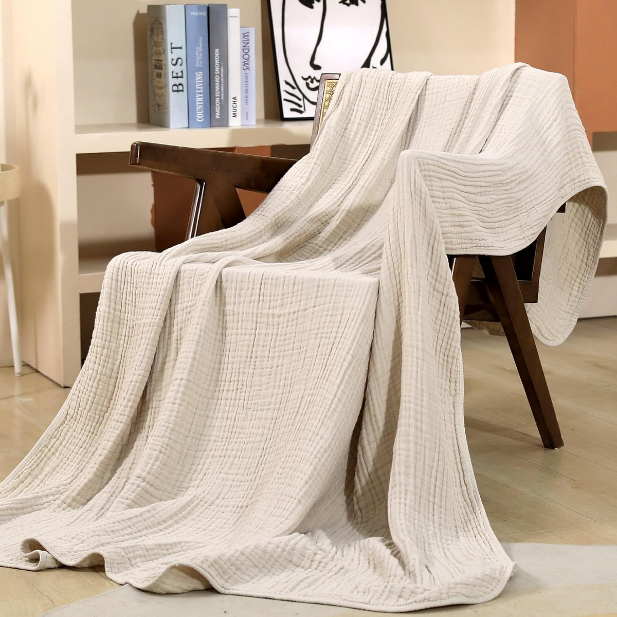 Yoofoss Muslin Blanket 100% Organic Cotton Large Twin Size 60" x 80" for Bed Couch Summer Gauze Blanket for Adults Lightweight and Breathable Apricot White