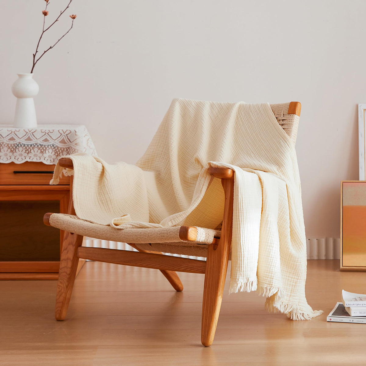 Simple&Opulence Cotton Muslin Throw Blanket 4 Layers for Bed, Couch, Woven Gauze Blanket with Tassels, Soft Lightweight Cozy Pre-Washed Breathable Farmhouse Decoration for All-Season(Light Khaki)