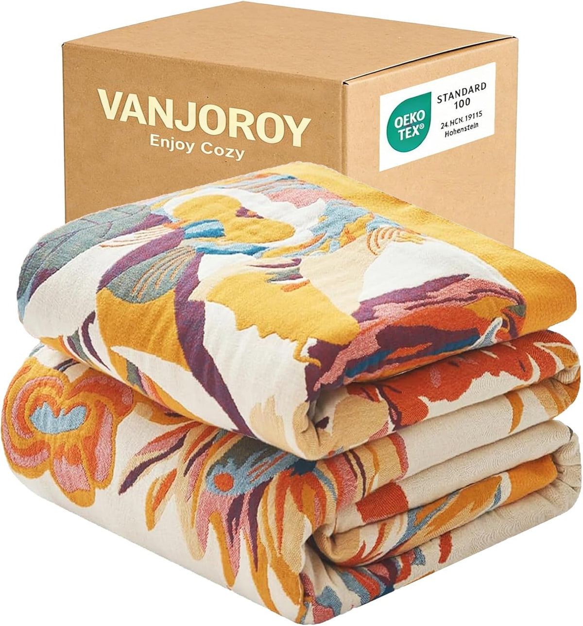 VANJOROY Boho Throw Blanket, 100% Organic Cotton 50x60 for Couch Bed, Beige
