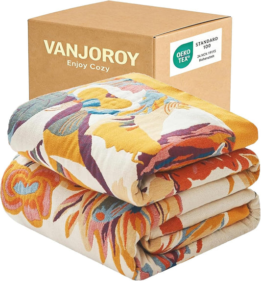 VANJOROY Boho Throw Blanket, 100% Organic Cotton 50x60 for Couch Bed, Beige