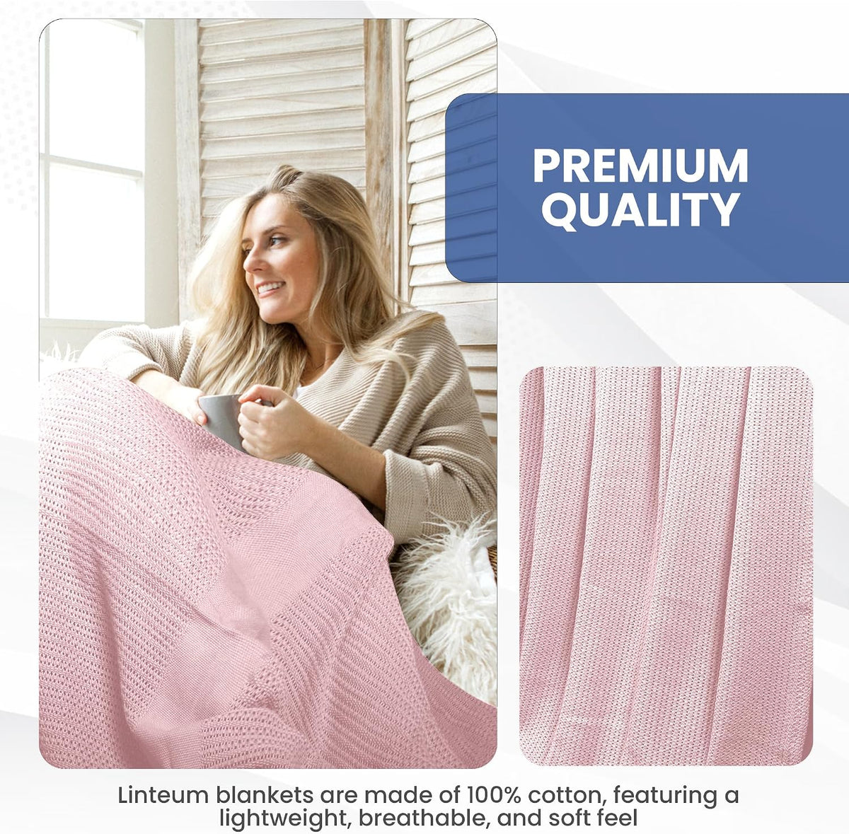 Linteum 100% Cotton Open-Cell Leno Weave Blanket — Breathable All Season — Queen 90x90 — Rose