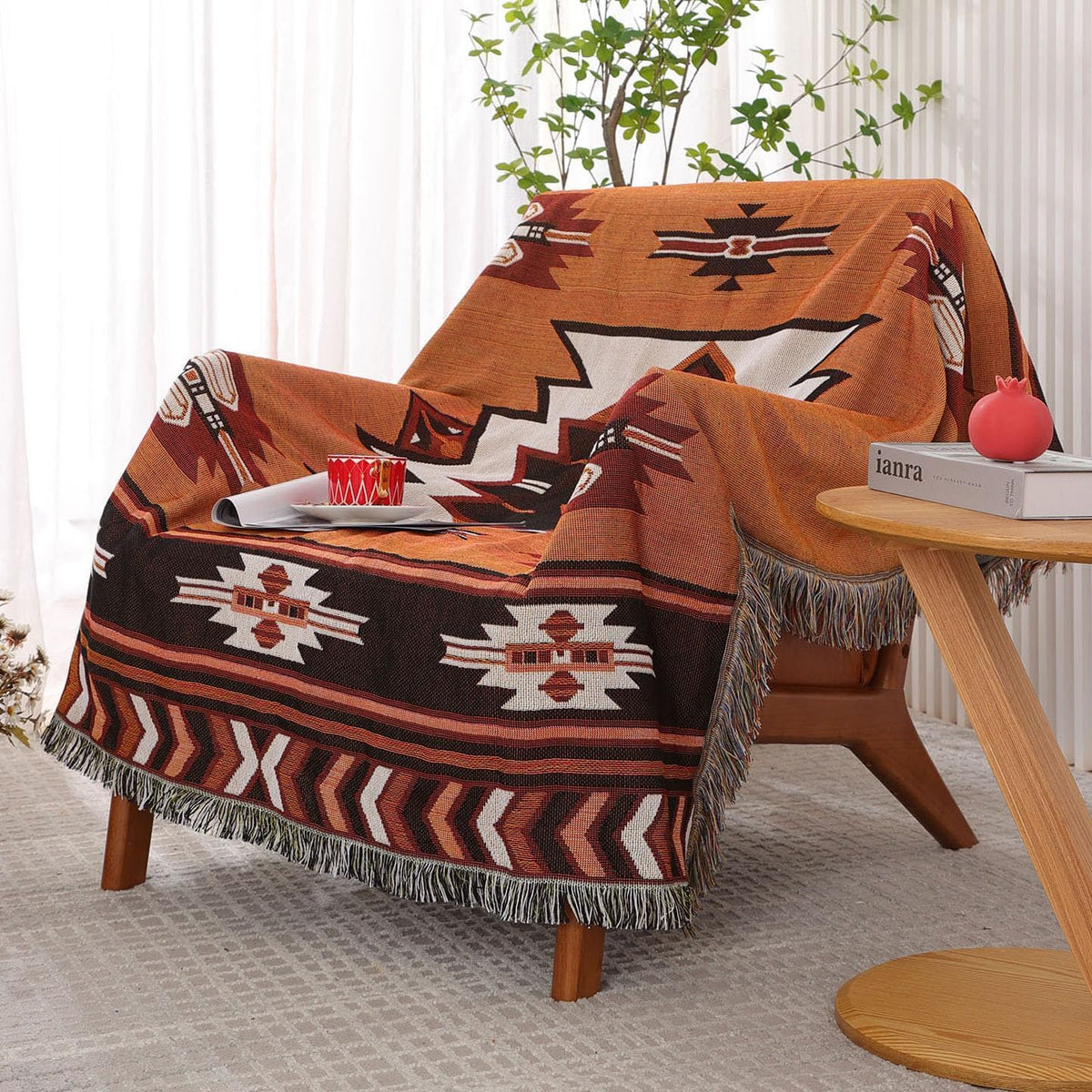 Luxlovery Aztec Sofa Throw Blankets Blue Ethnic Woven Boho Dusty Blue Color Bohemian Woven Throw Blanket for Couch Aztec Bed Throws Oversized Chair Sofa Cover with Tassels(63"x102")