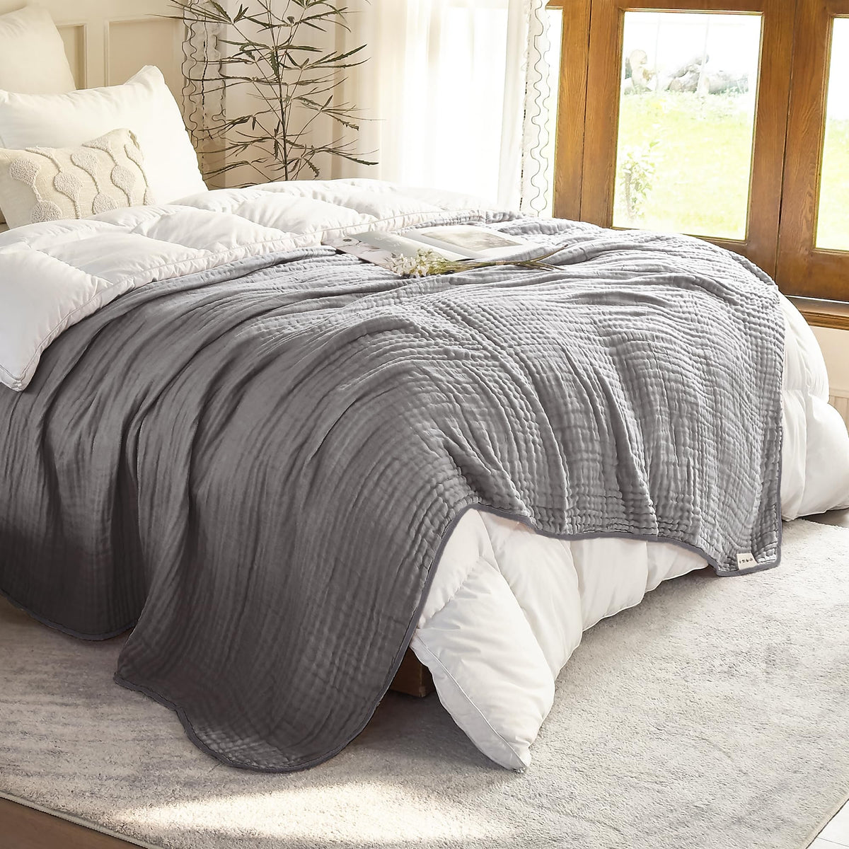 SANACYNA Cotton Muslin Throw Blanket for Adults 6-Layer Gauze Checkerboard