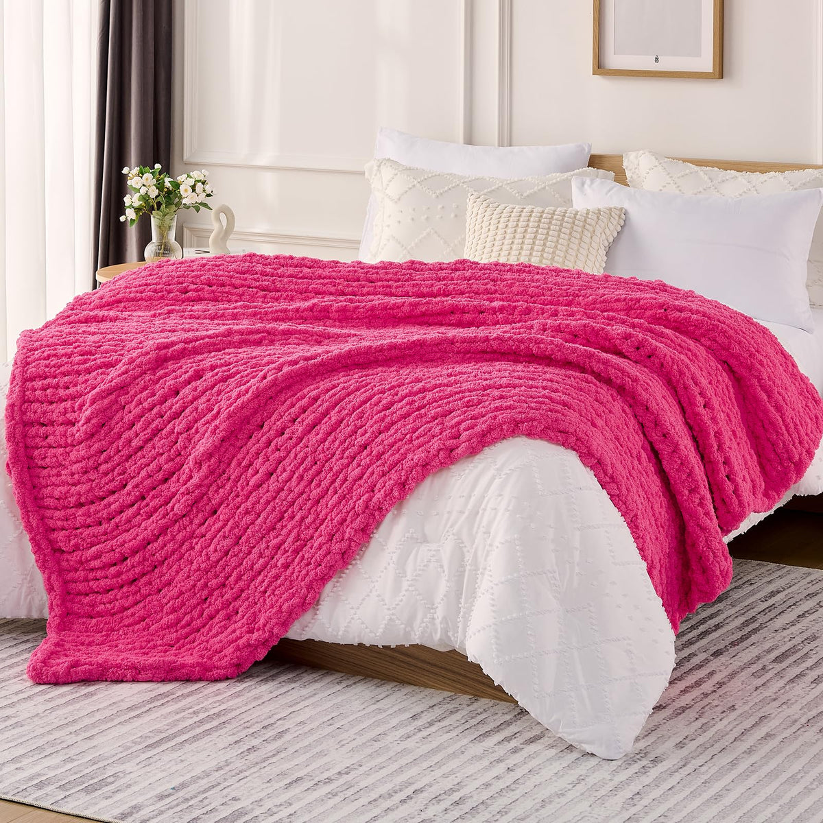 L'AGRATY Chunky Knit Throw Blanket for Couch, 50'' x 60'' Knit Throw, Ivory