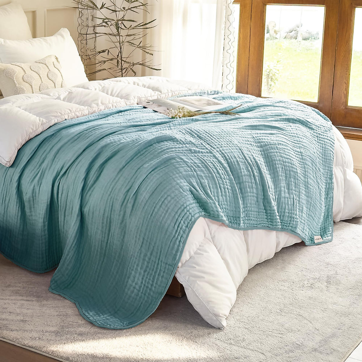 SANACYNA Cotton Muslin Throw Blanket for Adults 6-Layer Gauze Checkerboard