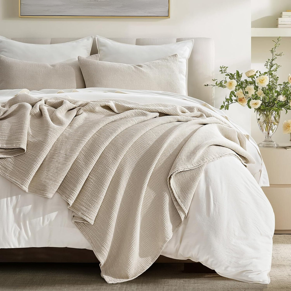 EverGrace 100% Cotton Waffle Bed Blanket, King Size, Birch