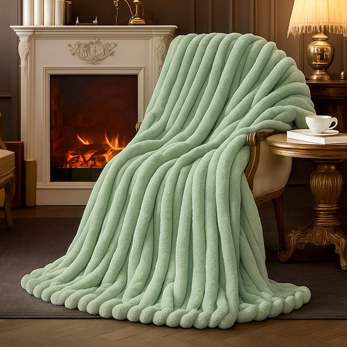 Amélie Home Soft Striped Faux Fur Throw Blanket for Couch, Ivory, 55"x70"