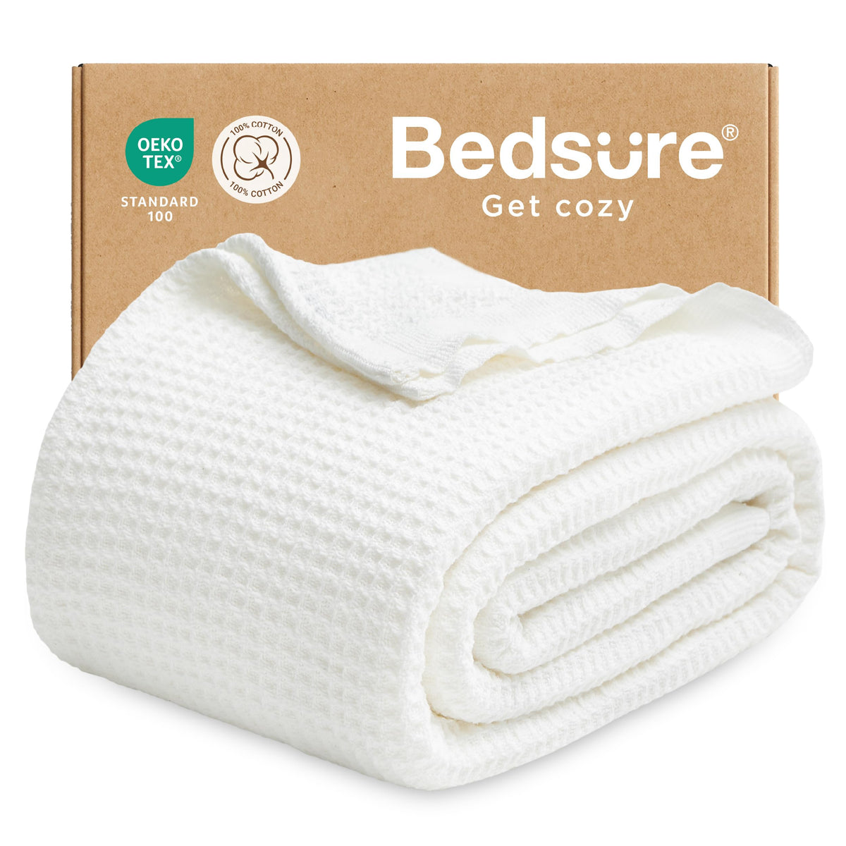 Bedsure 100% Cotton Throw Blanket for Couch, Waffle Weave, White, 50"x70"