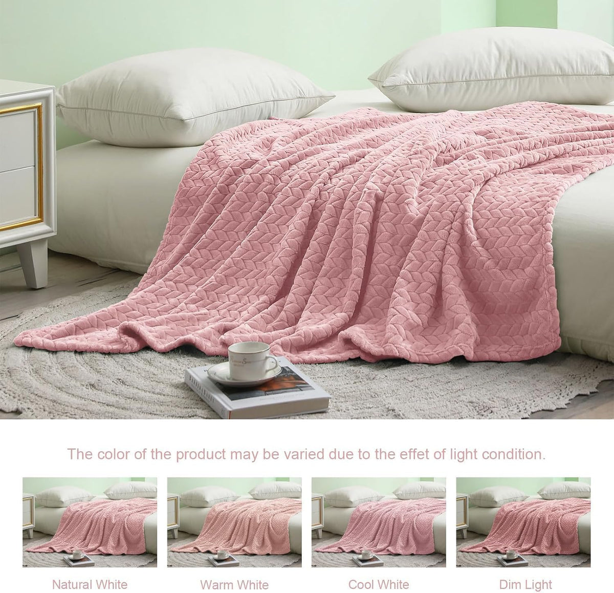 Exclusivo Mezcla Fleece Pink Throw Blanket for Couch Sofa Bed, 50”x70”