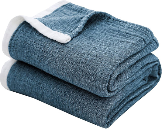 SE SOFTEXLY Muslin Throw Blanket, 4-Layer Dyed Yarn, 50”x60”, Denim Blue