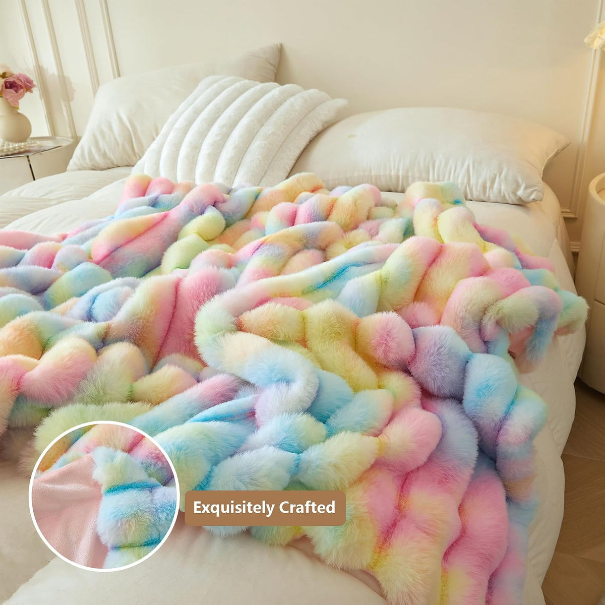 MEGO Fluffy Faux Rabbit Fur Ribbed Throw Blanket 50"x60", Rainbow