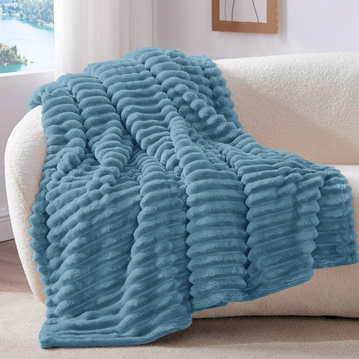 BEDELITE Ribbed Fleece Throw Blanket for Couch, Cream, 50"x60"