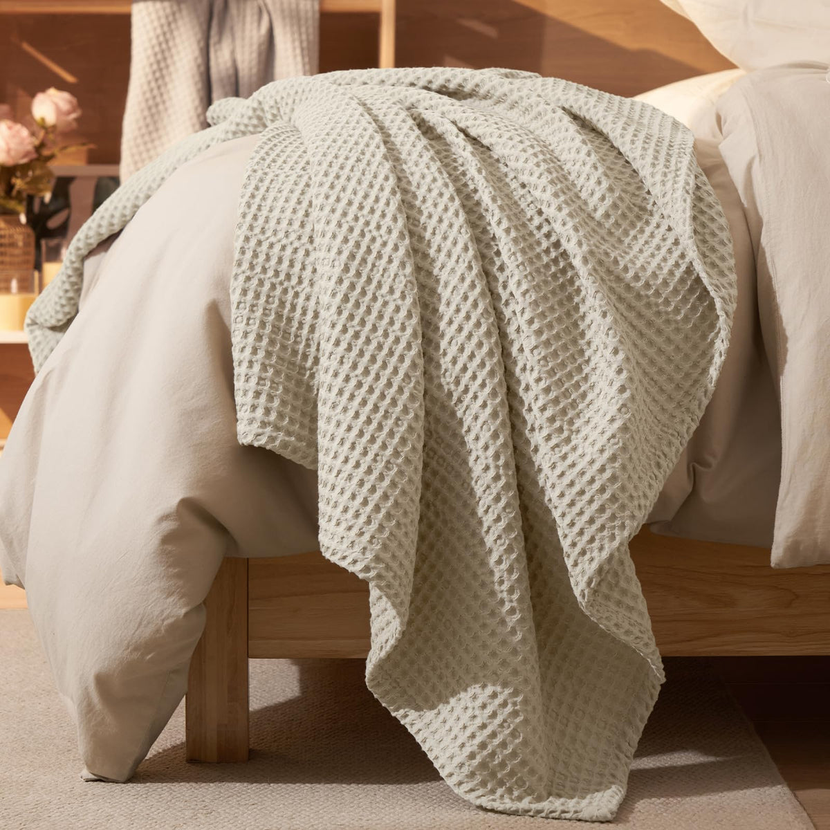 PHF Ultra Soft Waffle Weave Blanket for Bed, Queen Size, Light Khaki/Linen