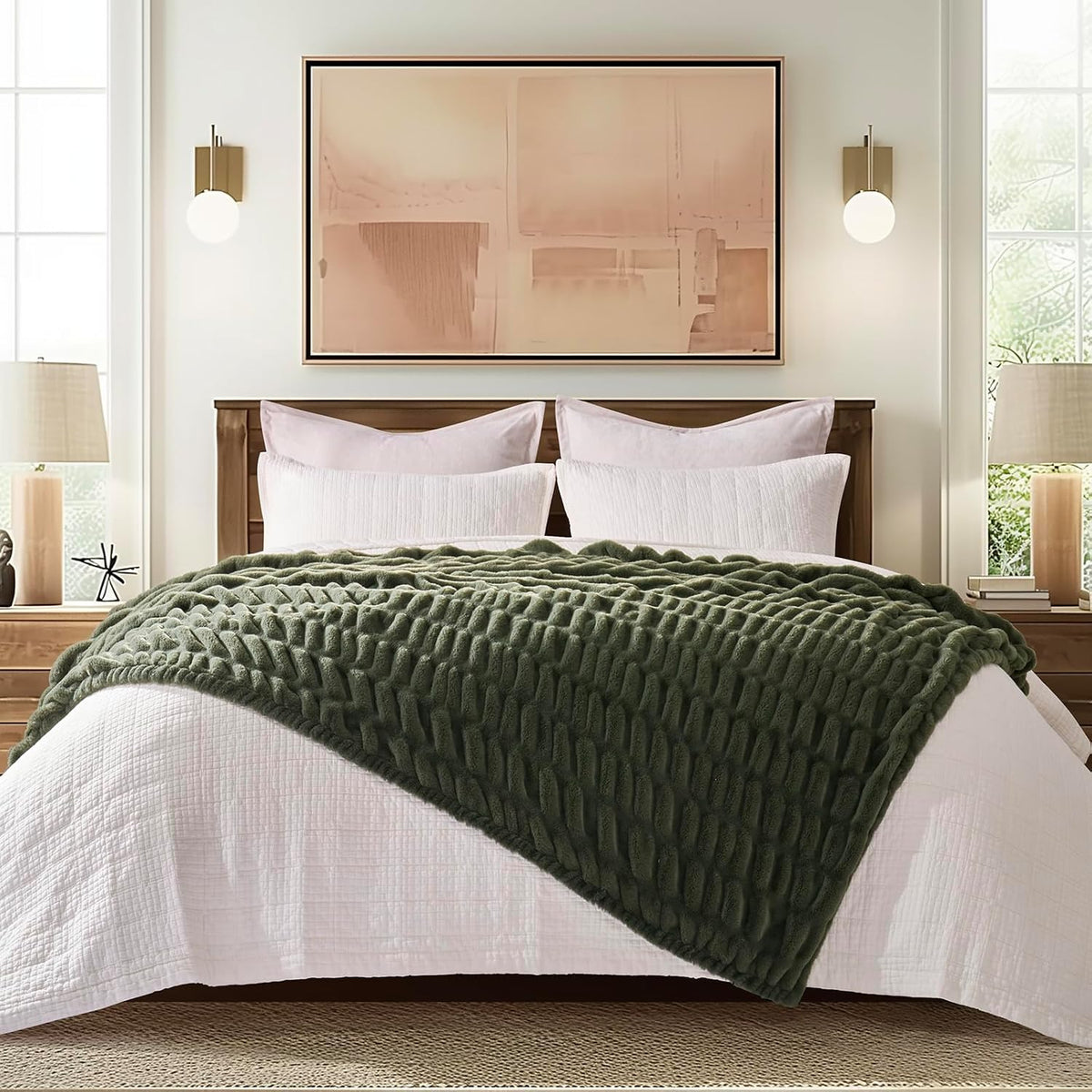 EverGrace Ruched Bubble Faux Rabbit Fur Throw Blanket, 60"x80", Loden Green